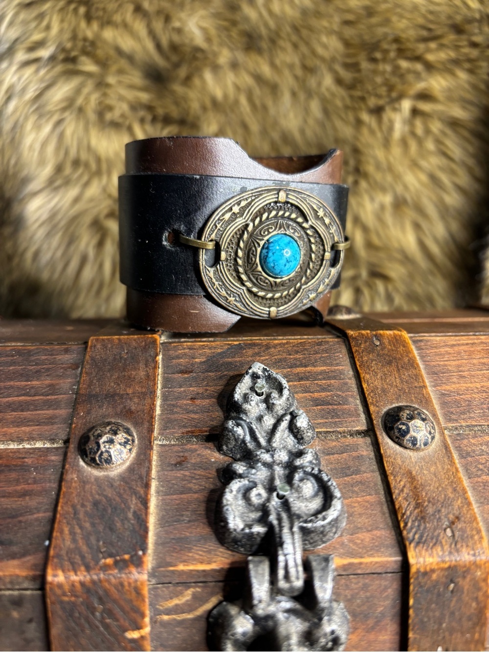 Handmade Black and Brown Leather Cuff Bracelet with Turquoise Accent